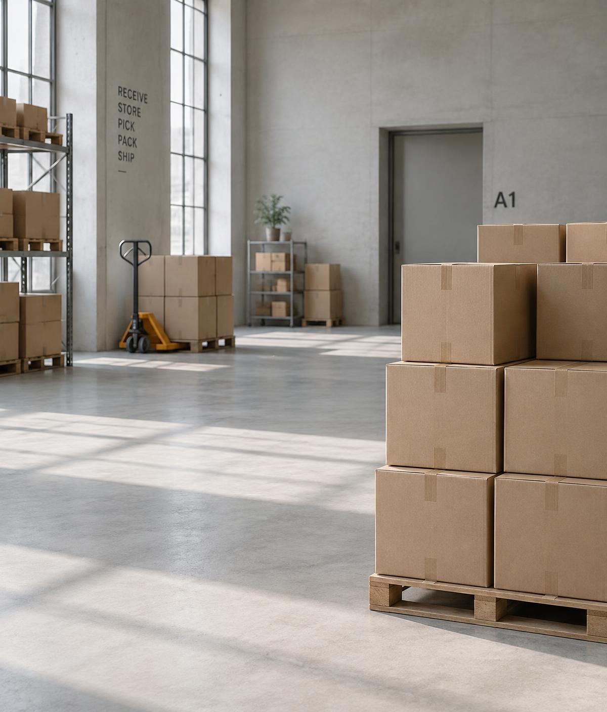 Entrepôt logistique avec colis préparés pour expédition